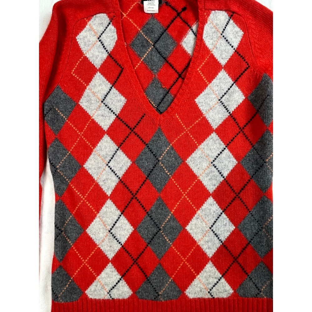 J.Crew Womens Argyle V-Neck Sweater Red Grey Merino Wool Angora Cashmere Blend M